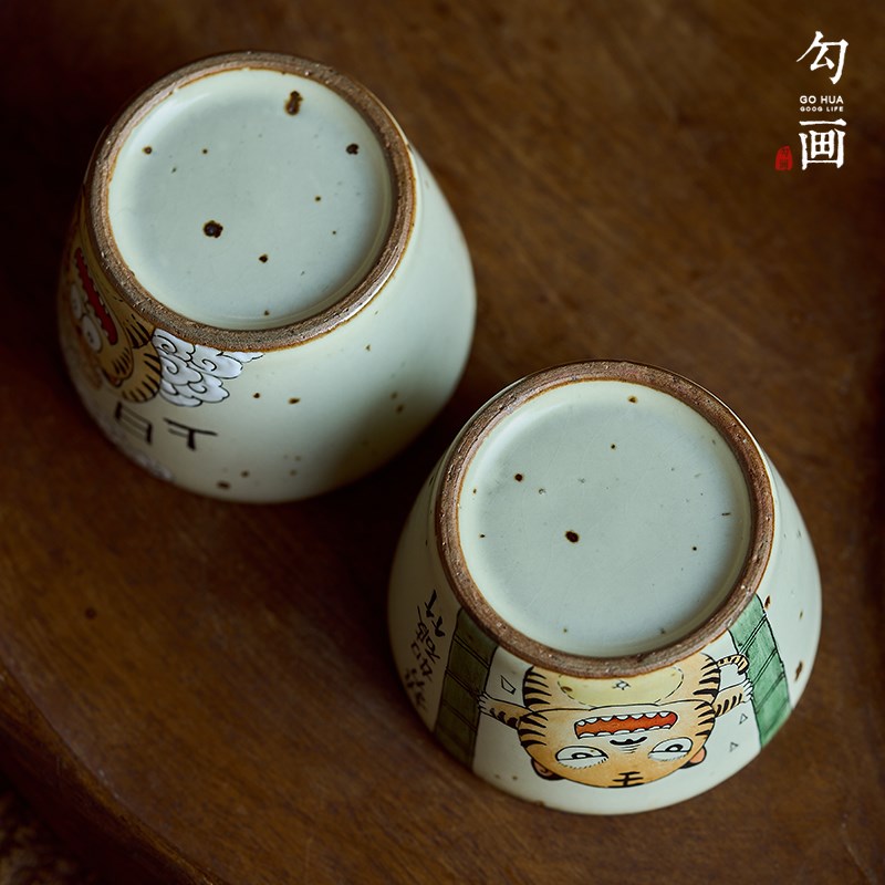 粗陶纯手工手绘老虎茶杯主人杯功夫茶景德镇品茗杯送礼喝茶杯子