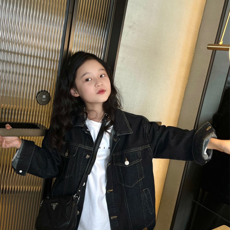 女童宽松黑色牛仔外套2025春装新款童装中大儿童休闲夹克亲子装潮