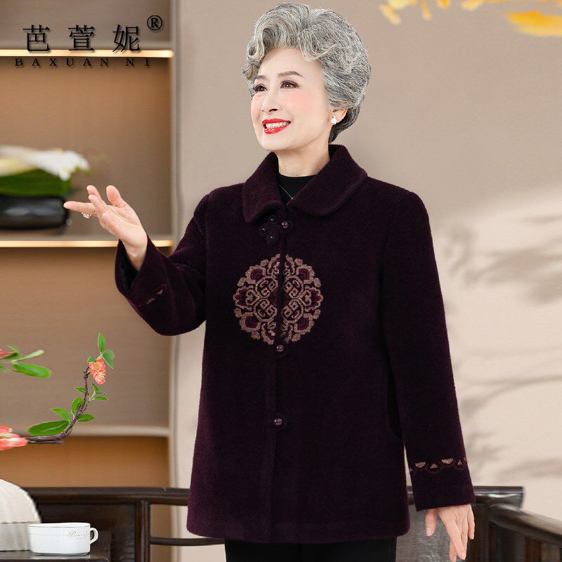 奶奶秋冬毛呢外套女中老年人生日唐装新款喜庆加棉妈妈装老人衣服