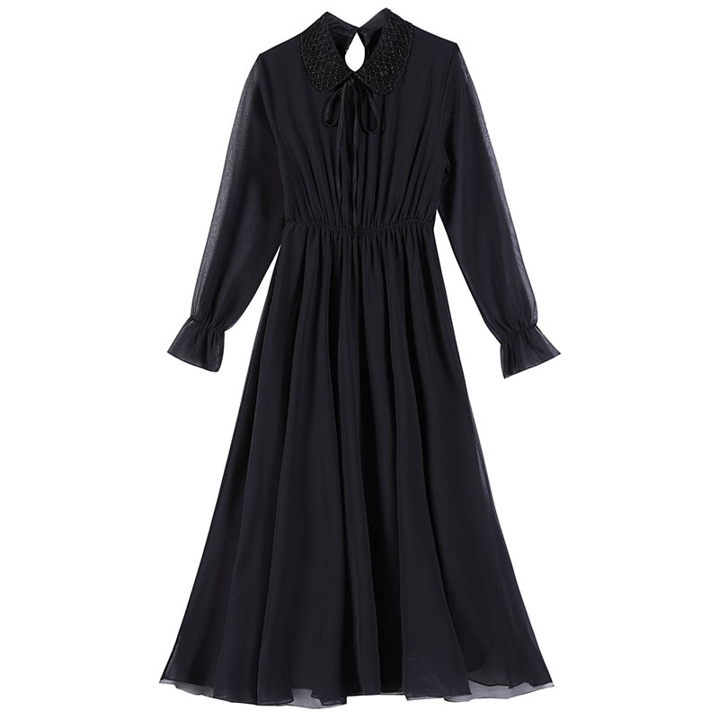 雪纺波点连衣裙女长袖2020新款春秋娃娃领长款收腰显瘦气质打底裙