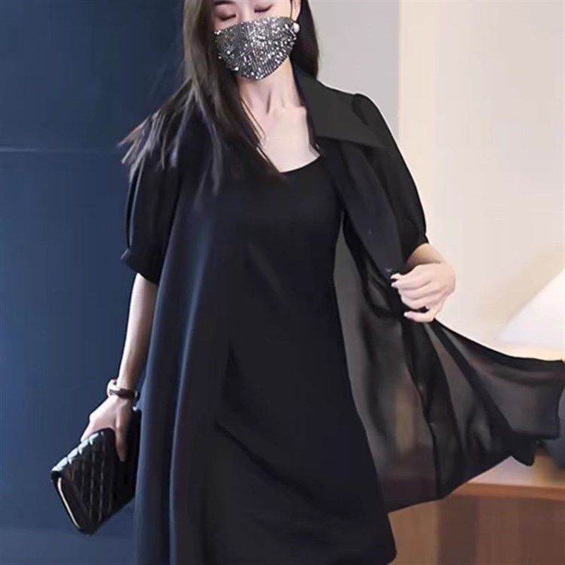 短袖黑色雪纺衬衫领连衣裙套装胖妹妹气质吊带裙两件套女2025夏季