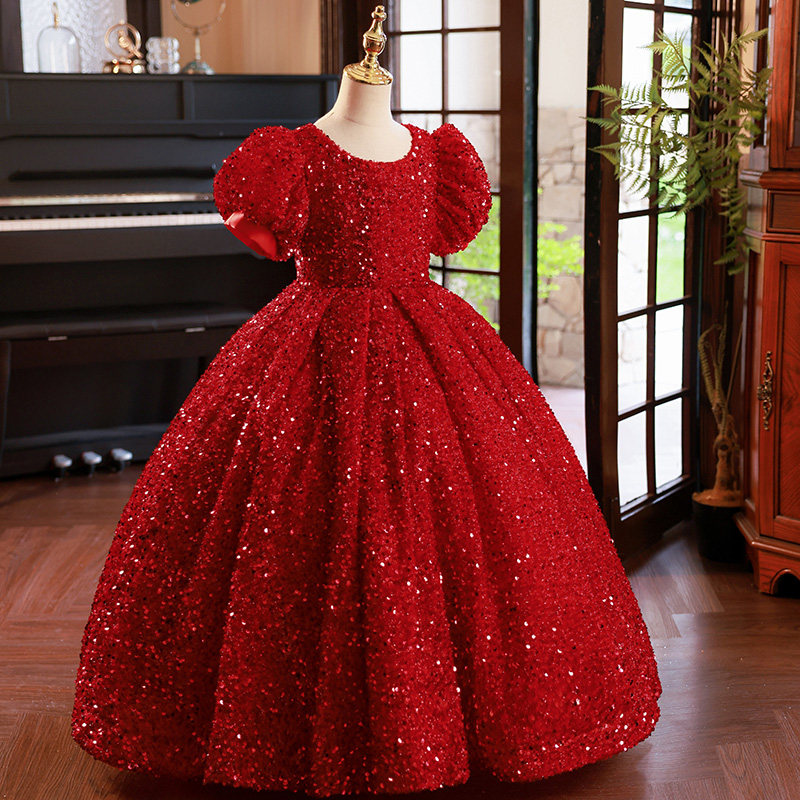 女童礼服蓬蓬裙2023新款轻奢小众高端走秀红色小主持人钢琴演出服