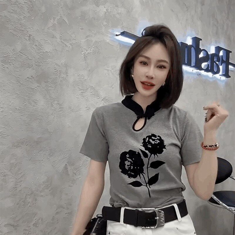 新中式国风盘扣立领短袖t恤女夏玫瑰花T恤设计感修身显瘦灰色上衣