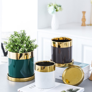 高档陶瓷花盆北欧轻奢金边电镀带托盘蝴蝶兰欧式简约绿萝吊兰创意