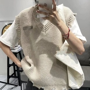 慵懒风无袖 针织毛衣马甲背心女秋冬2024早春新款 破边叠穿V领马夹