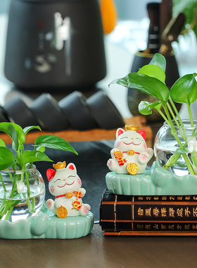 招财猫治愈系创意可爱客厅玄关家居办公室工位桌面水培装饰品摆件