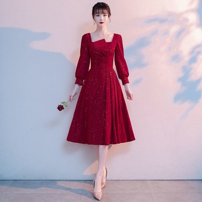 2025红色连衣裙结婚回门便装新娘伴娘敬酒晚礼服女平时可穿小个子