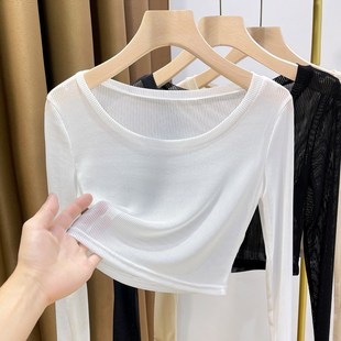短款网纱打底衫女薄款夏季搭配吊带裙内搭薄纱上衣低胸洋气小衫女