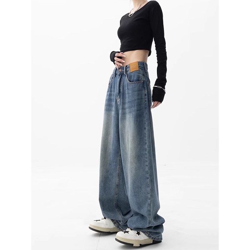 春款阔腿牛仔裤小个子女梨型身材大码胯宽大粗腿显瘦直筒高腰裤子