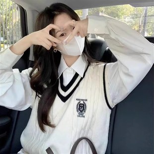 衬衫配马甲针织背心小个子叠穿学院风套装白色2024新款秋冬上衣女