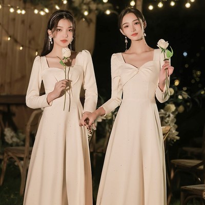 伴娘服2024新款冬季长袖姐妹裙香槟色平时可穿小众高级感气质显瘦