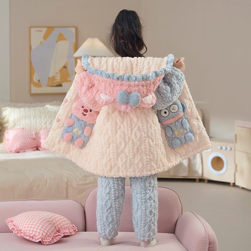 女童三层夹棉睡袍冬季加厚2024秋冬款珊瑚绒儿童睡衣女孩加绒加棉