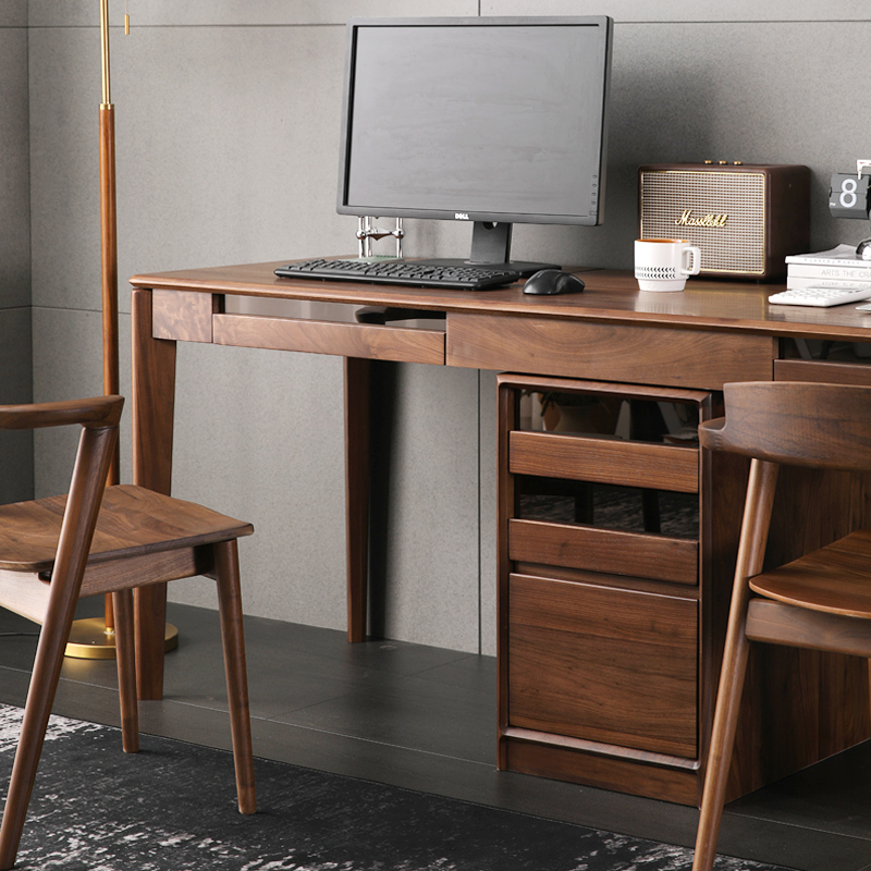 北美黑胡桃木双人书桌带柜书房家具电脑桌集线盒北欧风格简约家具