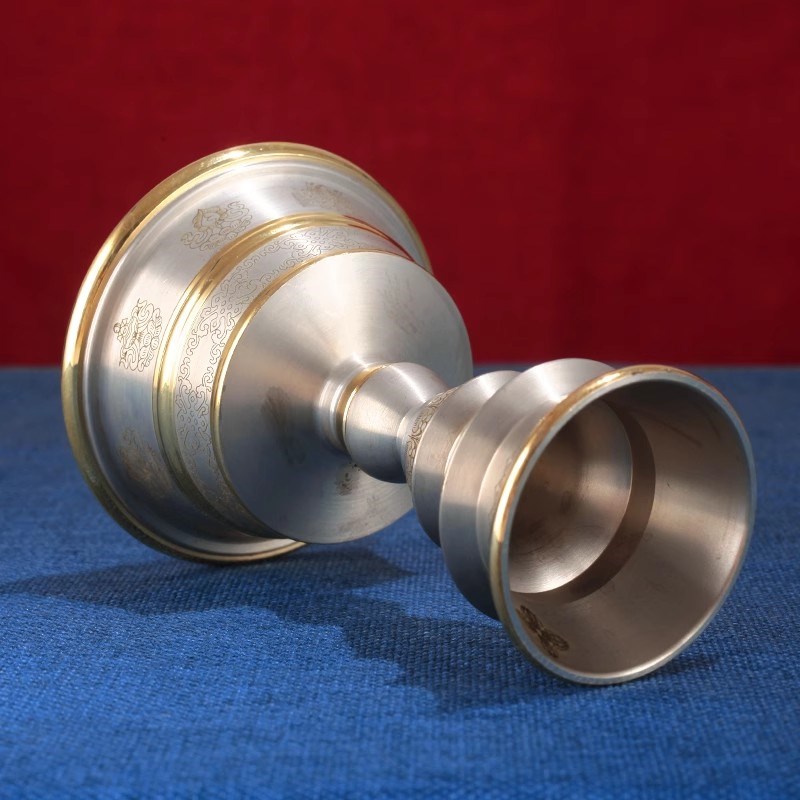 纯铜手工八吉祥图案酥油灯座家用摆件供灯供具长明灯底座圆底平底