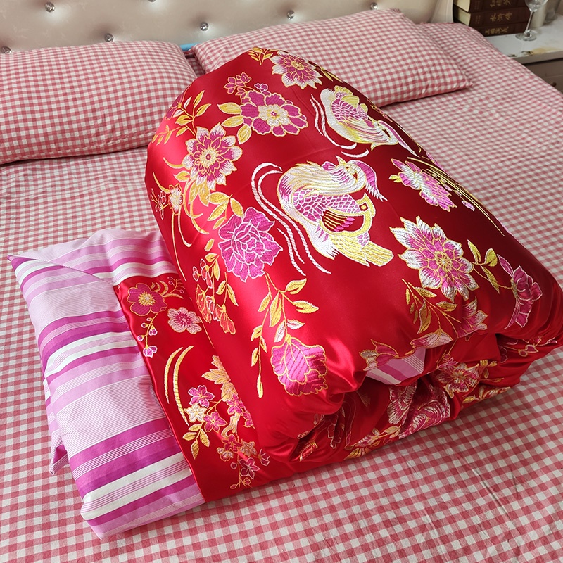 老式包边绸缎被子结婚红绿婚被传统手工喜被龙凤条纹被套全棉被芯