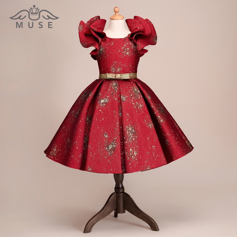 圣诞节女童模特走秀星空蓝红礼服宝宝生日公主裙钢琴演出服主持人