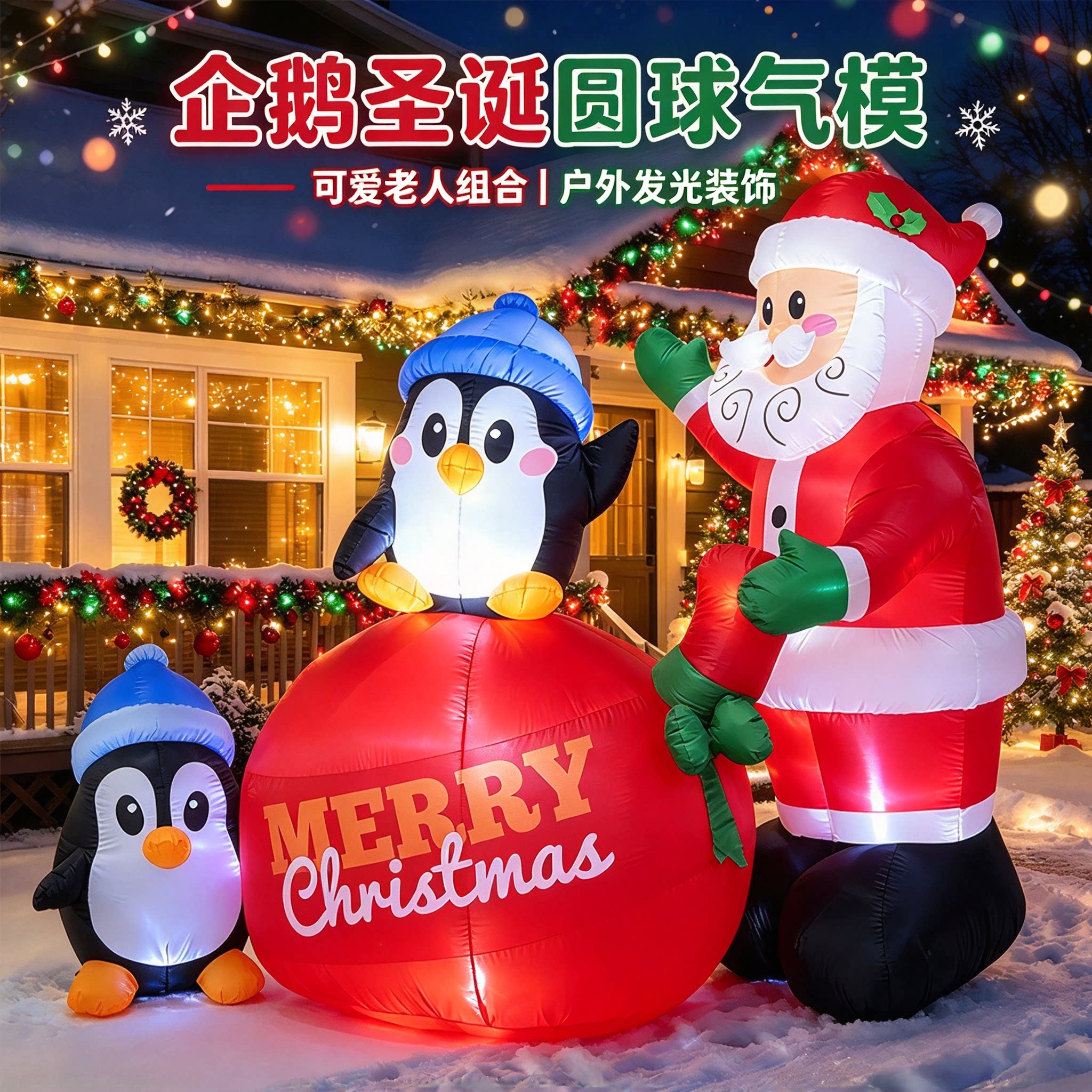 企鹅圣诞老人气模充气发光装饰品