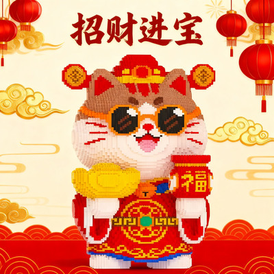 福气招财猫积木拼装玩具摆件男女