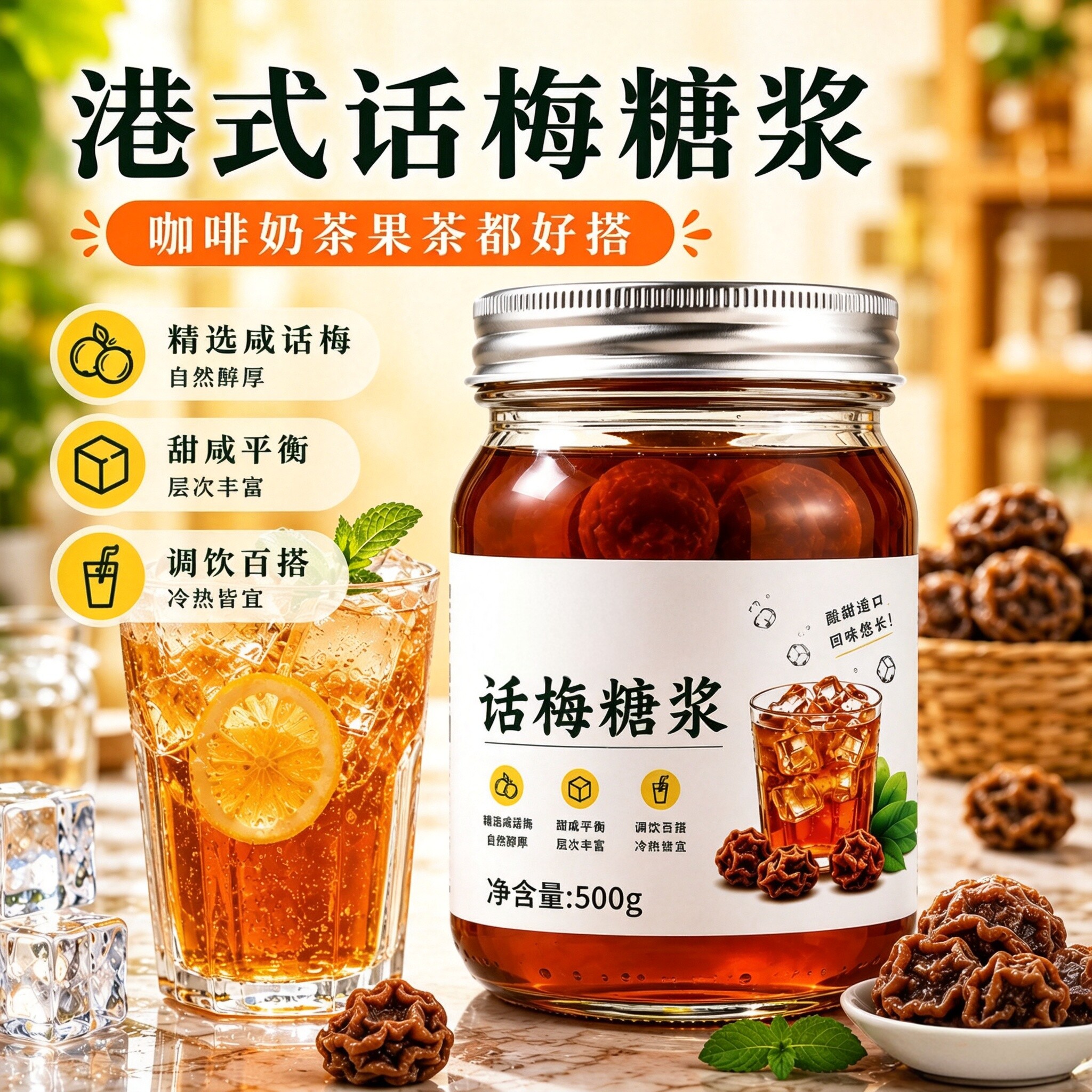 自制话梅糖浆果酱咖啡美式老盐手工熬制喝酸奶冰浓郁话梅泡水饮品图片