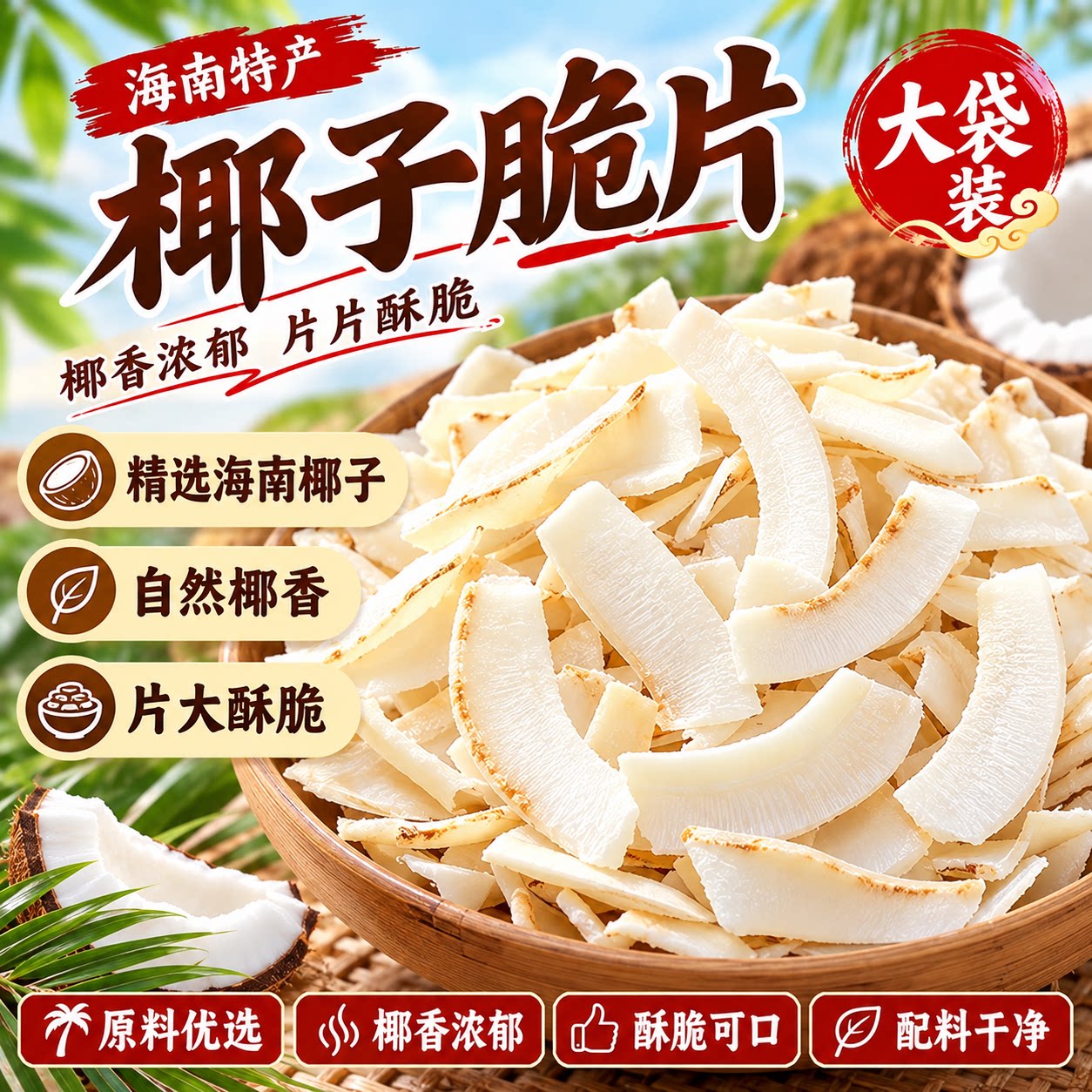 海南特产椰子片脆片500g原味即食烤椰子肉干脆块薄脆椰果干椰子角