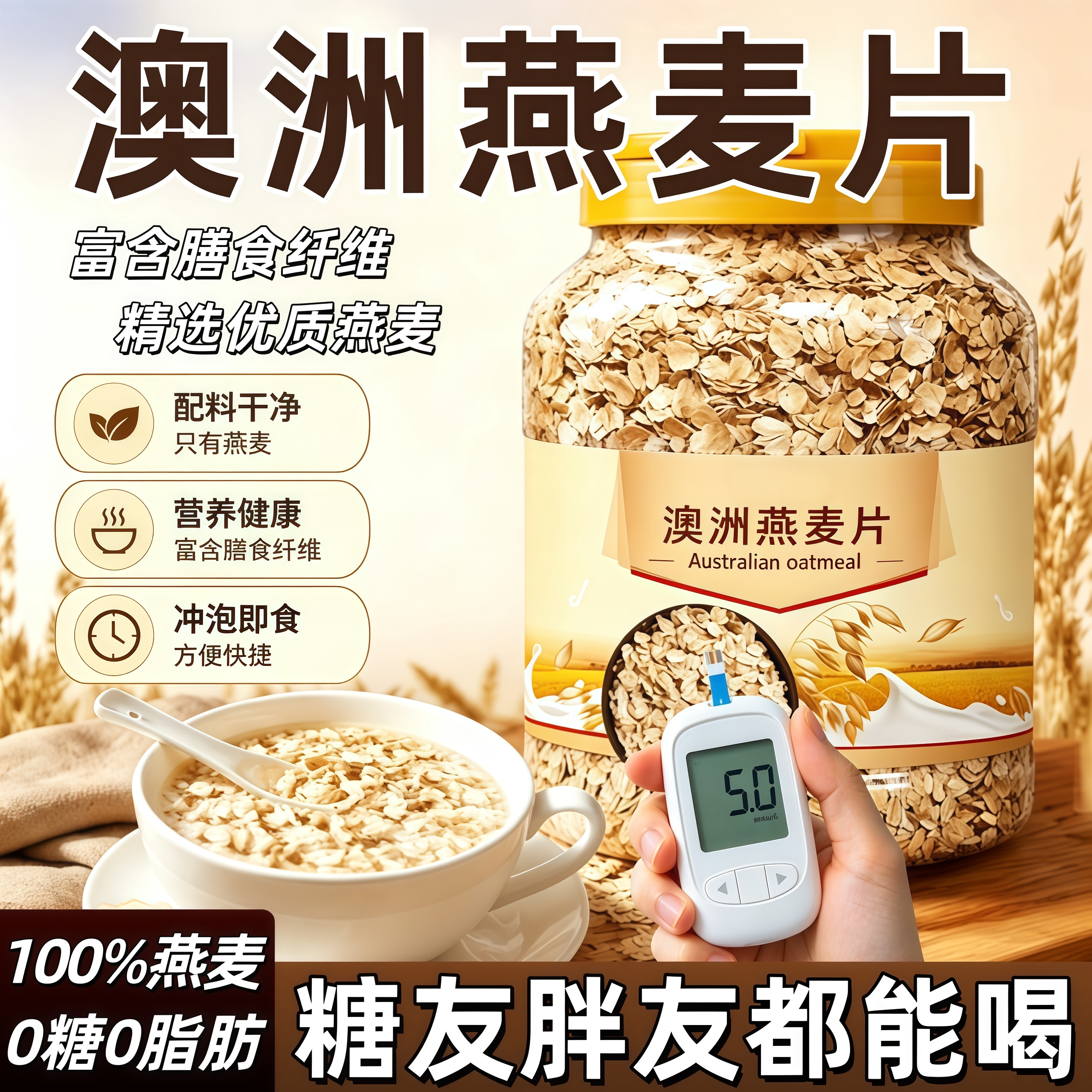 即食纯燕麦片无添加蔗糖澳洲进口原味高纤维燕麦片官方旗舰店正品