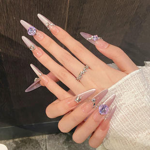 实拍云纱黎雾 轻奢感渐变紫色斜边碎钻猫眼紫色K9手工美甲