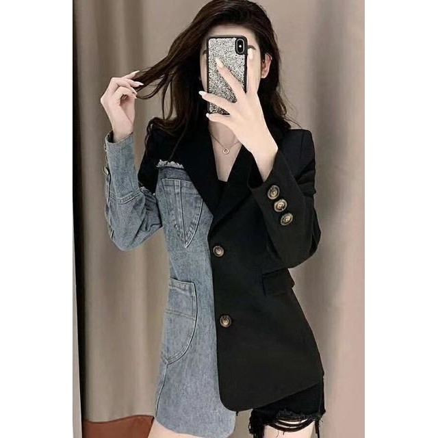 设计感小西装外套女2024早秋新款韩版英伦风收腰牛仔拼接休闲上衣