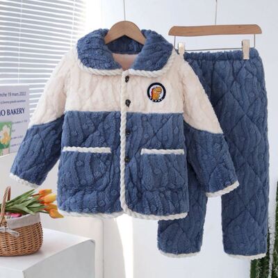 儿童睡衣冬季加绒加厚男孩女童珊瑚绒男童冬天三层夹棉超厚家居服