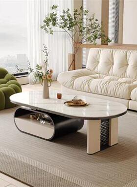 现代轻奢简柜约椭圆形岩板油风奶茶几电视带抽屉客厅用创意PKT家