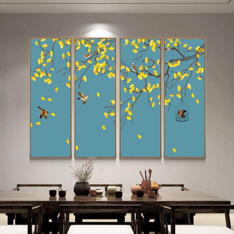 新中式客厅装饰画玄关壁画四条屏画餐厅挂画茶室墙画工笔花鸟国画