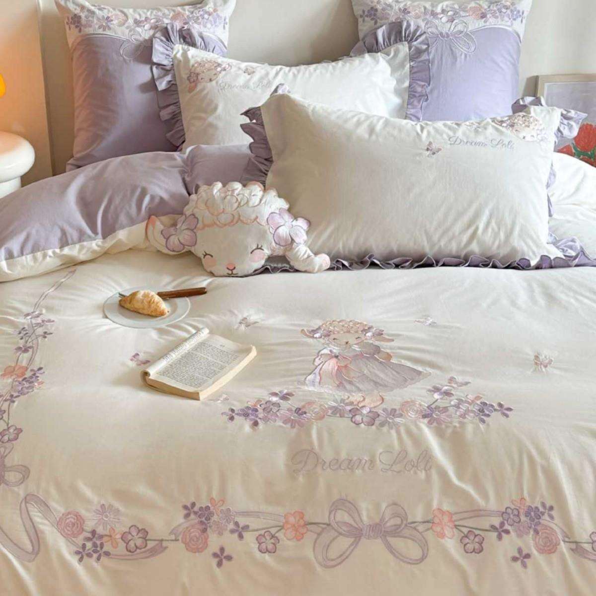 水羊小姐|紫色甜少美床女风纯棉KSF洗棉四件套床单被套刺绣花边品