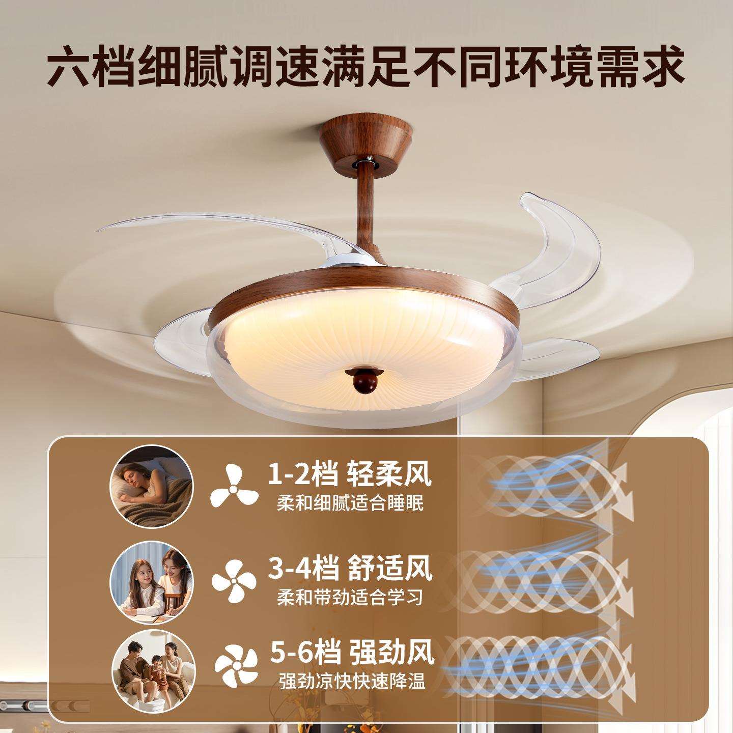 无品牌/餐风奶厅风扇灯225年新款油复古静音隐形胡桃木色护眼吊0