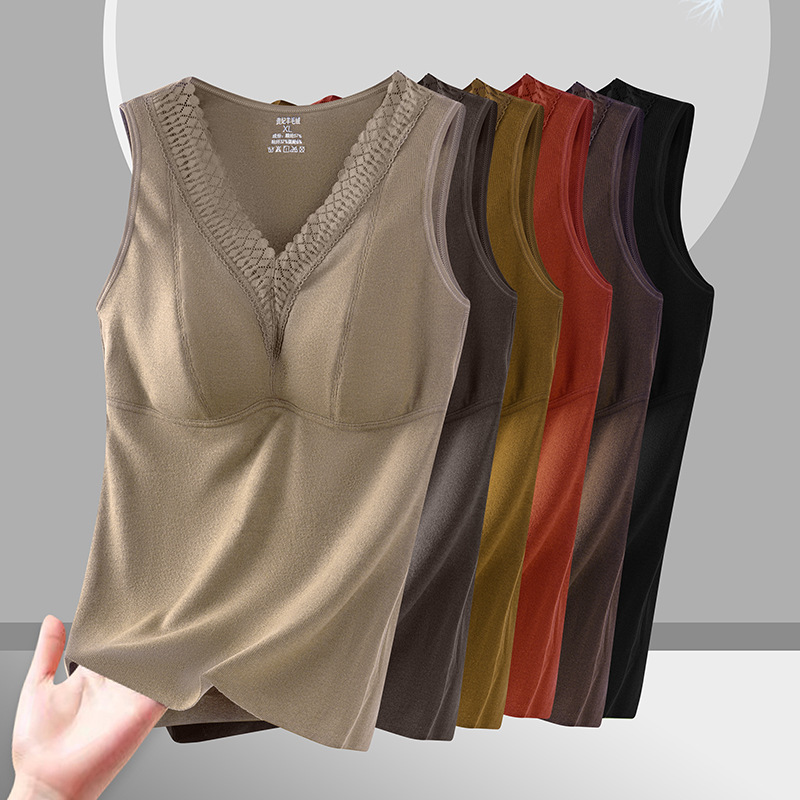 冬季大码羊毛绒自发热带胸垫固定罩杯保暖背心打底内衣免穿文胸