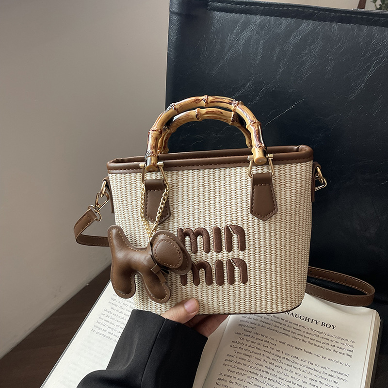草编竹节菜篮子包水桶包手提单肩斜跨包洋气字母外出旅行手提包包