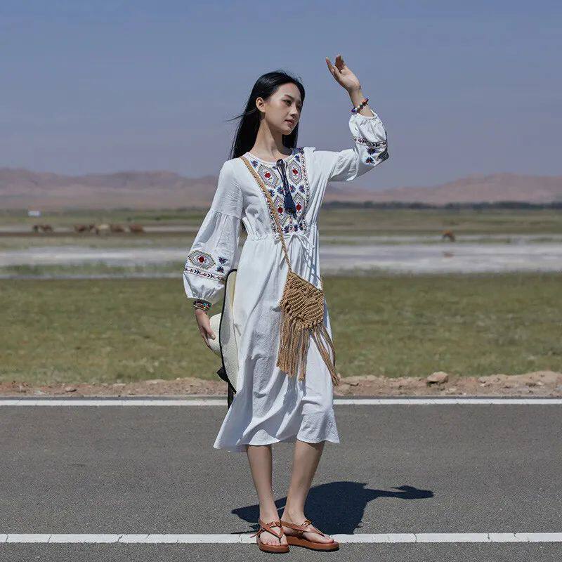 复古民族风白色长裙子女