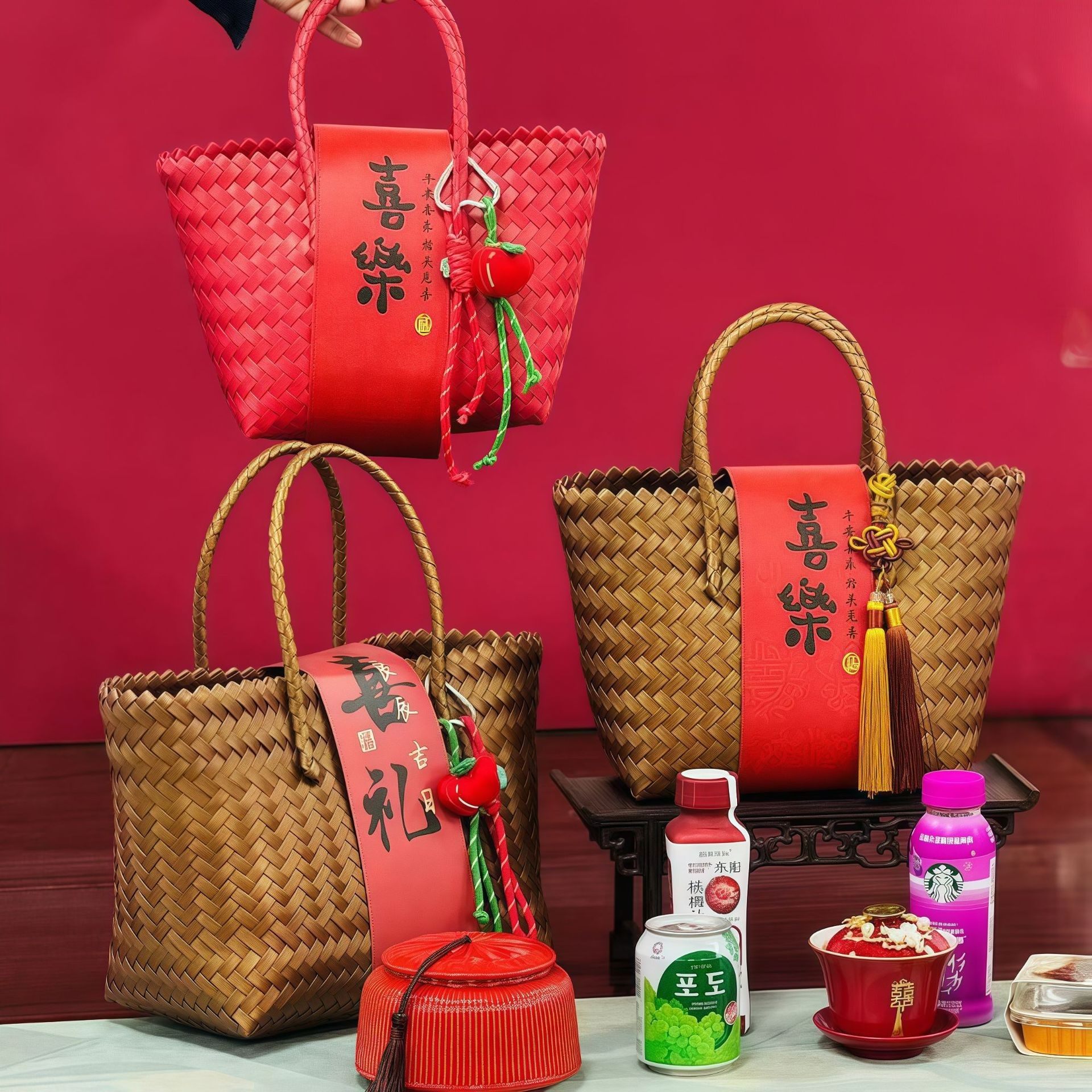 新年春节礼品包装篮喜事篮子手提