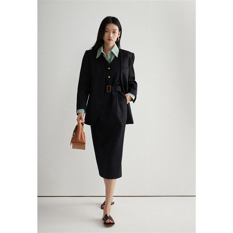 奢级中空纤维 美丽诺澳毛套装 无领西装外套&假两件马甲连衣裙