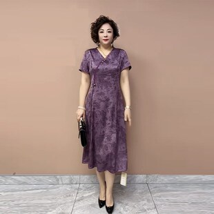 新中式妈妈真丝裙子夏季新款老年人短袖国风暗纹提花连衣裙长裙女