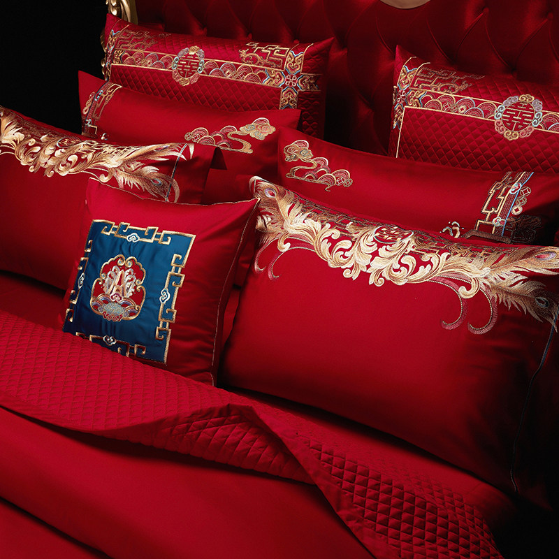高档婚庆龙凤绣花全棉结婚四件套新中式奢华陪嫁红色喜被床上用品