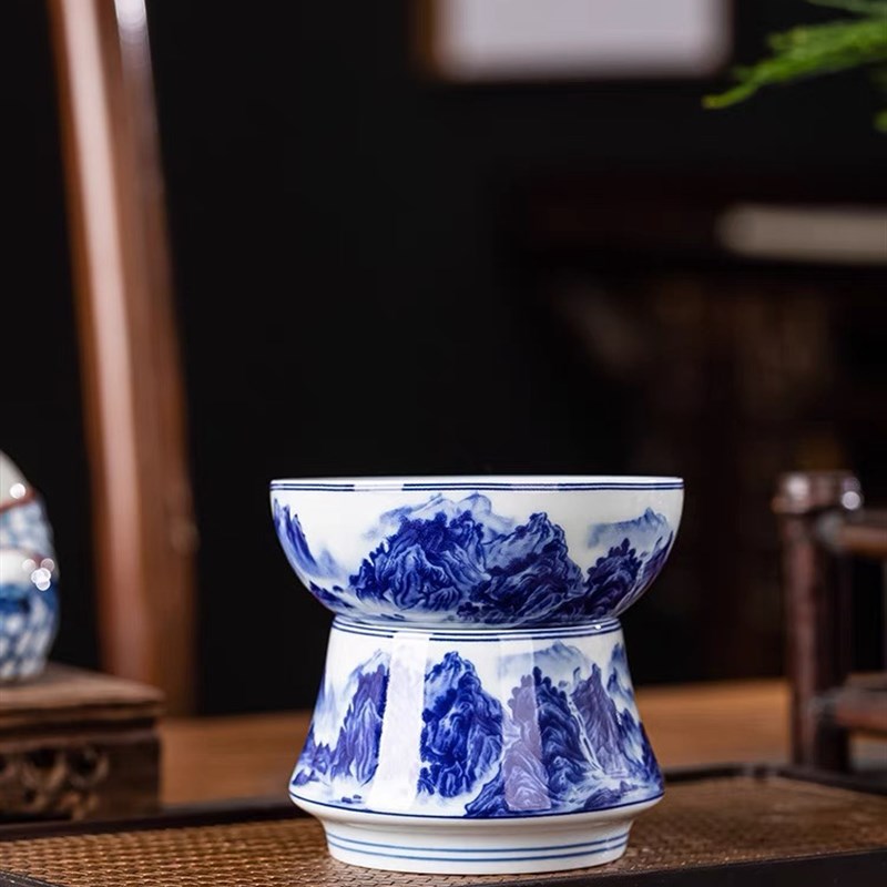 景德镇青花千里江山茶漏陶瓷茶滤家用茶隔全瓷一体茶叶过滤网零配