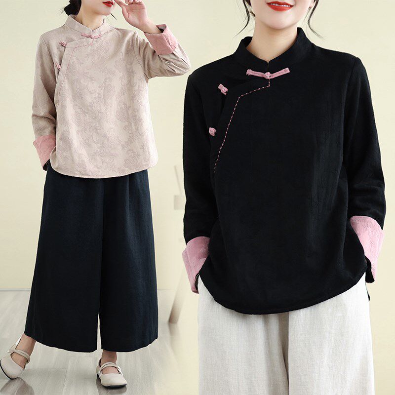 中国风汉服改良旗袍上衣春秋新中式禅意茶服气质复古斜襟盘扣衬衫