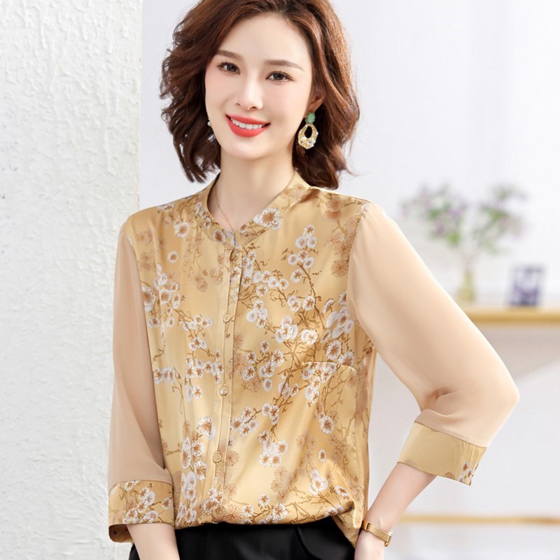 洋气妈妈夏装真丝短袖衬衫上衣40-50岁中老年女装T恤小衫两件套装