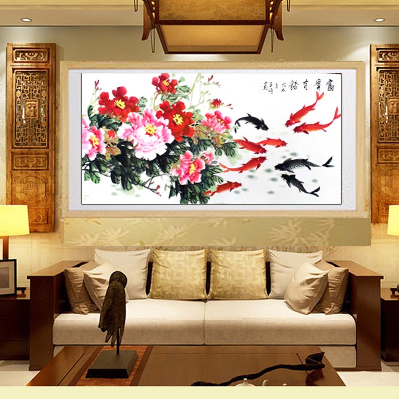 手绘九鱼图新中式客厅装饰画牡丹画九条鲤鱼国画横幅装裱