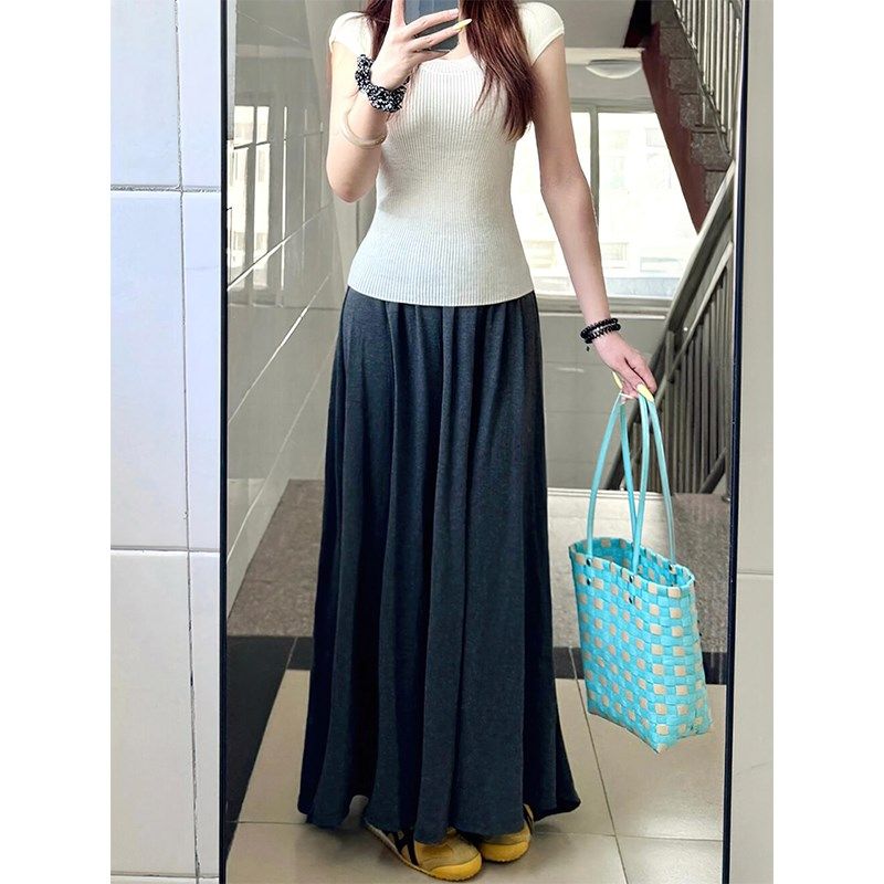 灰色垂感半身裙女夏薄款胖妹妹mm高腰遮胯显瘦a字长裙大摆遛弯裙