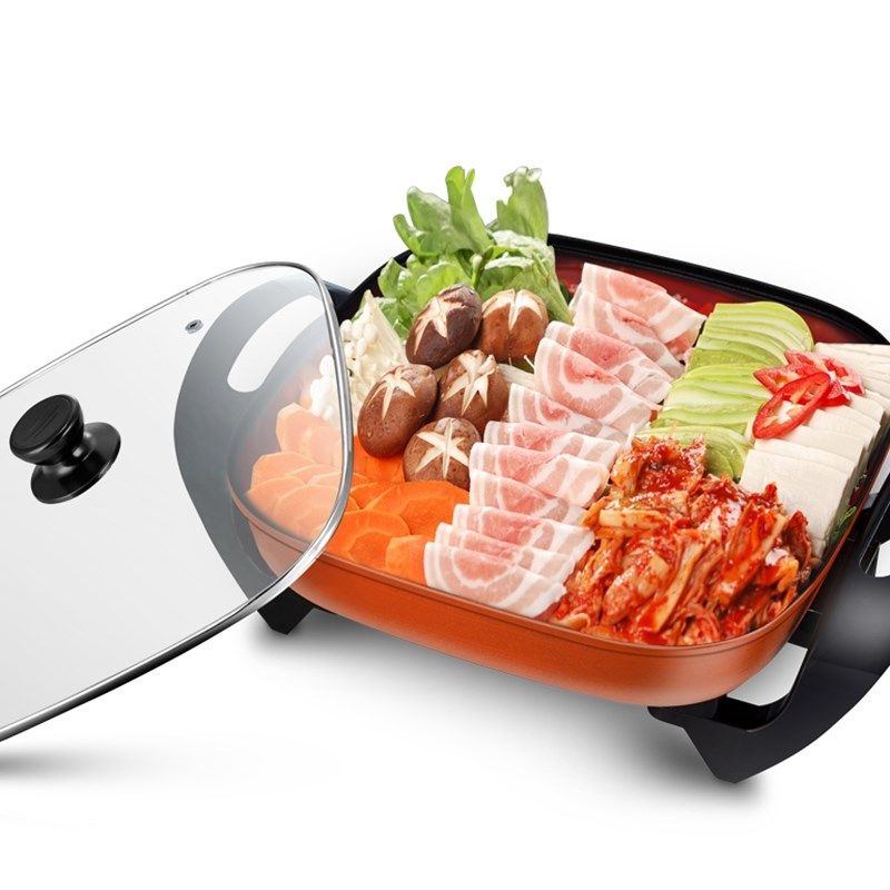 韩式四方不粘锅一体电火锅平底家用多功能韩国炒锅万能插电煎肉锅