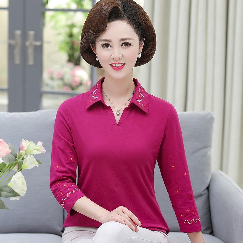 女装春季新款中老年有领中年妈妈秋装翻领七分袖纯棉T恤女POLO衫