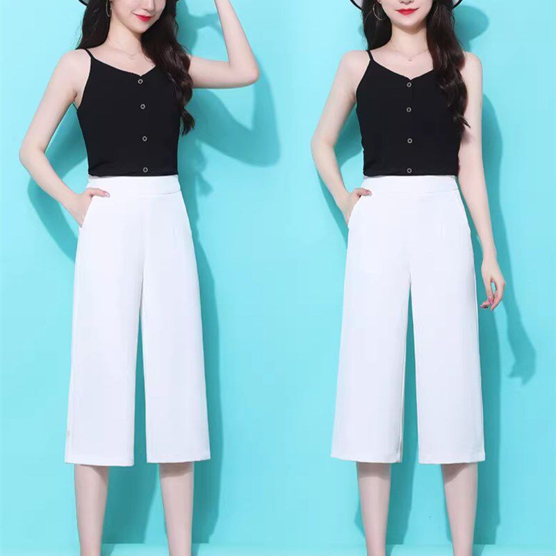 裤子夏季薄款珍珠麻雪纺阔腿裤女高腰直筒裤宽松垂感白色裤子女夏