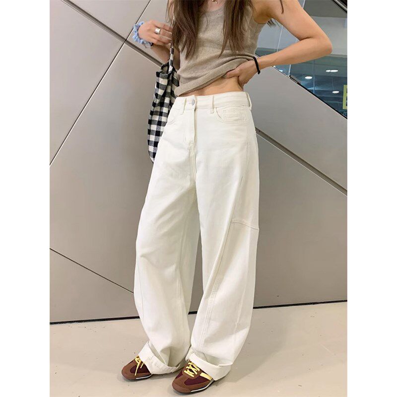 美式宽松阔腿弯刀工装牛仔裤女2024春秋新款高腰显瘦休闲直筒裤子