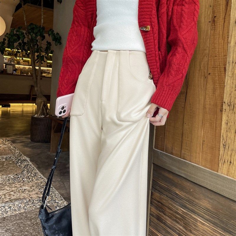 杏色窄版阔腿裤女秋冬季加绒高腰垂感高级羊毛呢西装裤休闲直筒裤