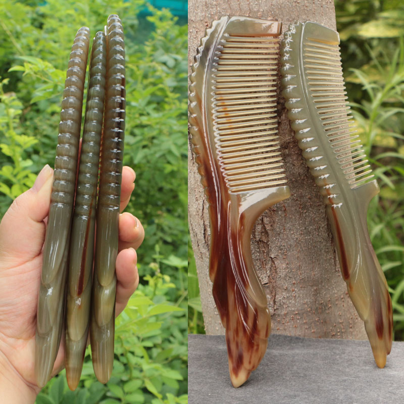 天然白牛角按摩梳 艺术雕花纹 直顺发梳密细齿梳防静电厚实特大号
